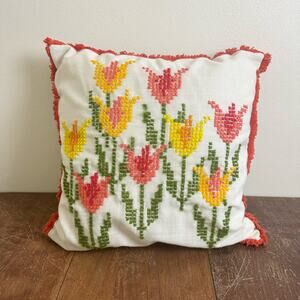 Vintage Hand Sewn Cross Stitch Tulip‎ Floral Throw Pillow Yellow Orange 16"